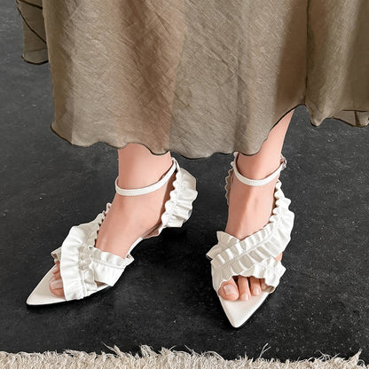 Women's Handmade Full - Grain Leather Ruffled Pointed - Toe Block Heel Sandals