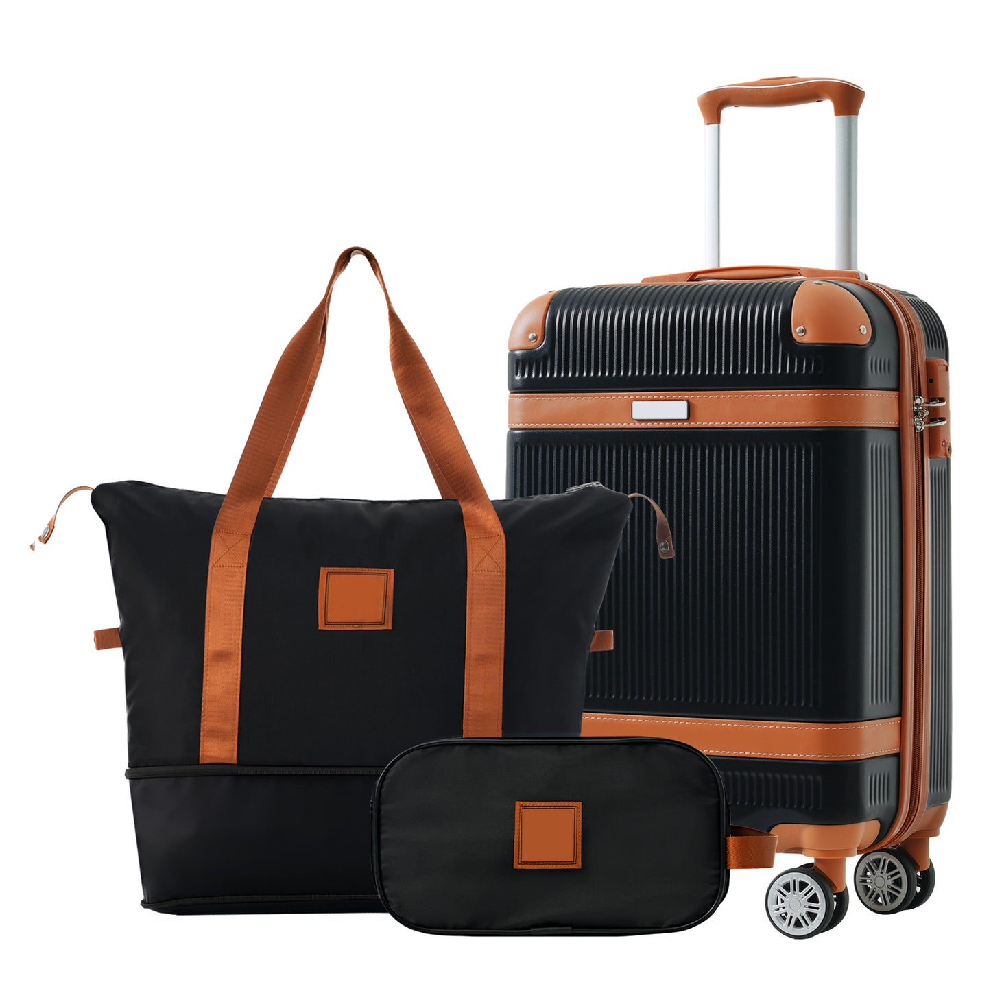Ensemble de 3 valises rigides avec valise cabine 20 pouces, roulettes pivotantes et serrure TSA, ABS durable, noir