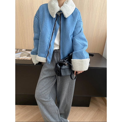 Street Style Warm Faux Shearling Fur-and-Leather Reversible Lapel Denim Jacket