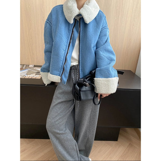 Street Style Warm Faux Shearling Fur-and-Leather Reversible Lapel Denim Jacket