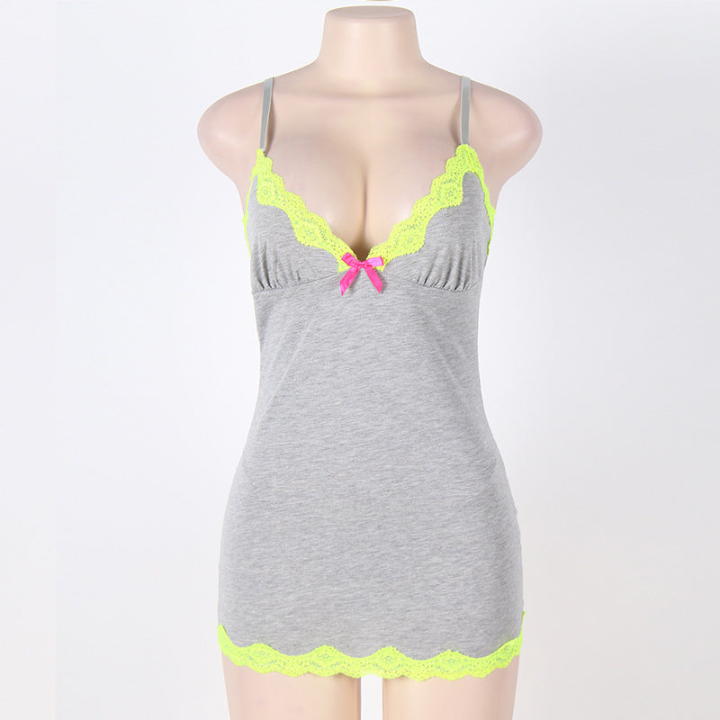 V-neck lace-trimmed fleece pajamas