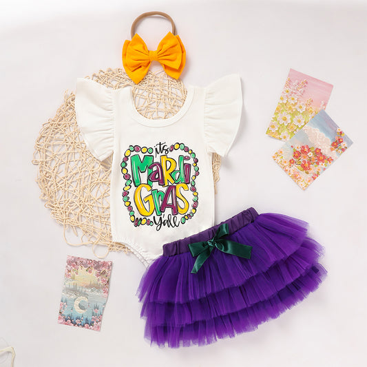 Baby Girl's 2-Piece Set Letter Print Onesie With Elastic Waist Tulle Skirt And Bow