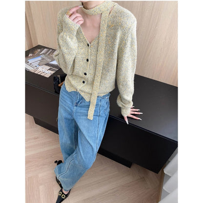 Southern Compass, Ambience HighlightSoft Ribbon Accent Slimming V-Neck Multicolor Floral Knit Cardigan Sweater