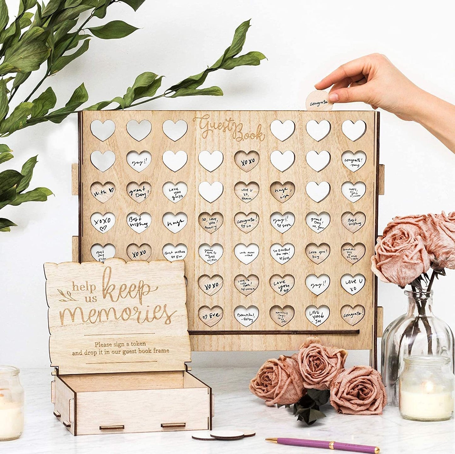 Livre d'Or de Mariage Cœurs en Bois - Boîte Rustique