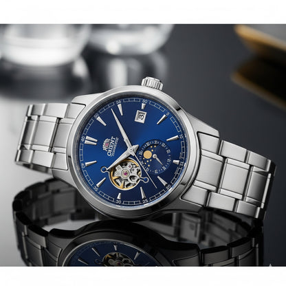 MONTRE ORIENT CLASSIC - Sun & Moon - COEUR OUVERT CADRAN BLEU