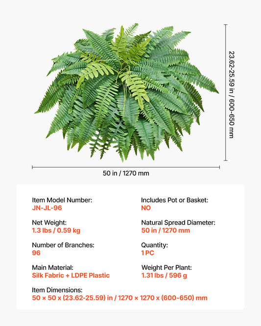 Artificial Ferns, 50 Inch Fake Boston Fern Bush Plant With 96 Fronds, Large Faux Greenery For Indoor And Outdoor Decor, Silk & LDPE, Realistic For Home Porch Garden Office Living Room Planter