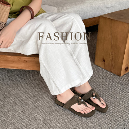 Women's Handmade Suede Beaded Tassel Thong Sandals, Open - Toe Bohemian Flat Sli