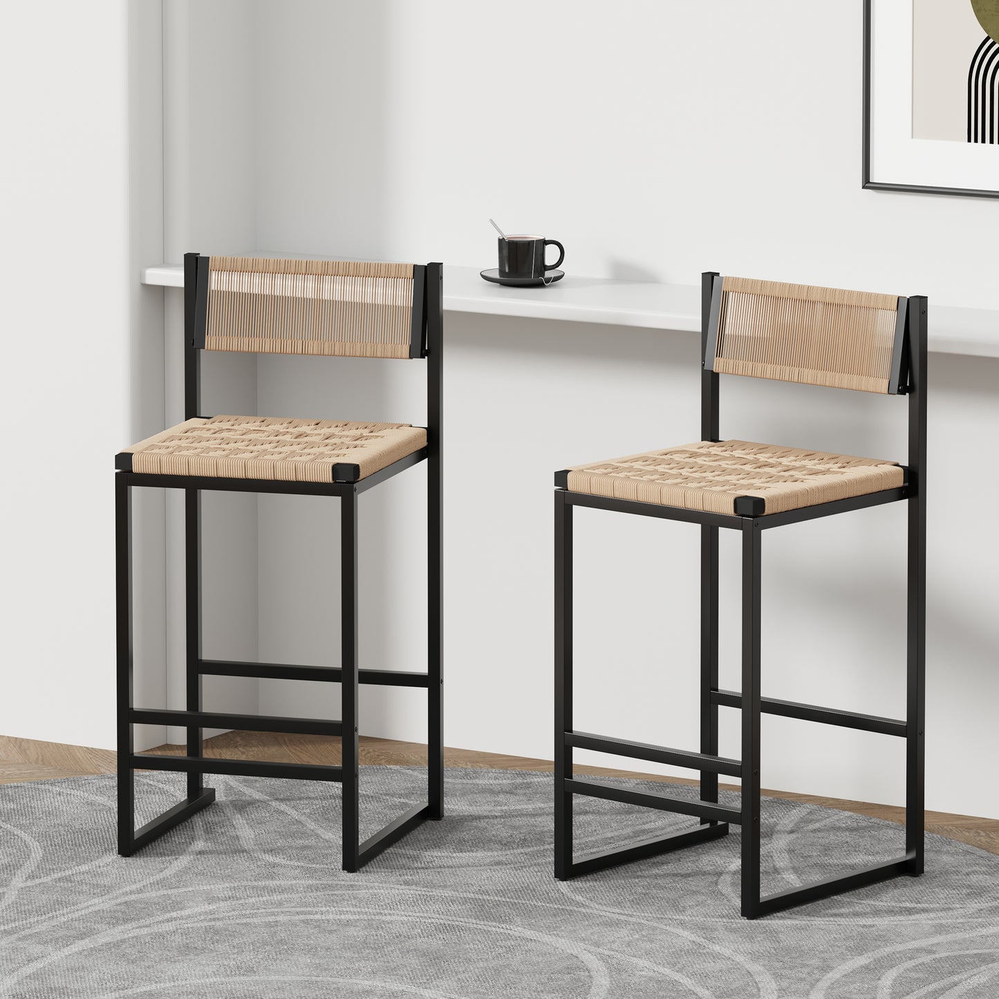 Lot de 2 Tabourets de Bar avec Repose-pieds - Corde Tressée