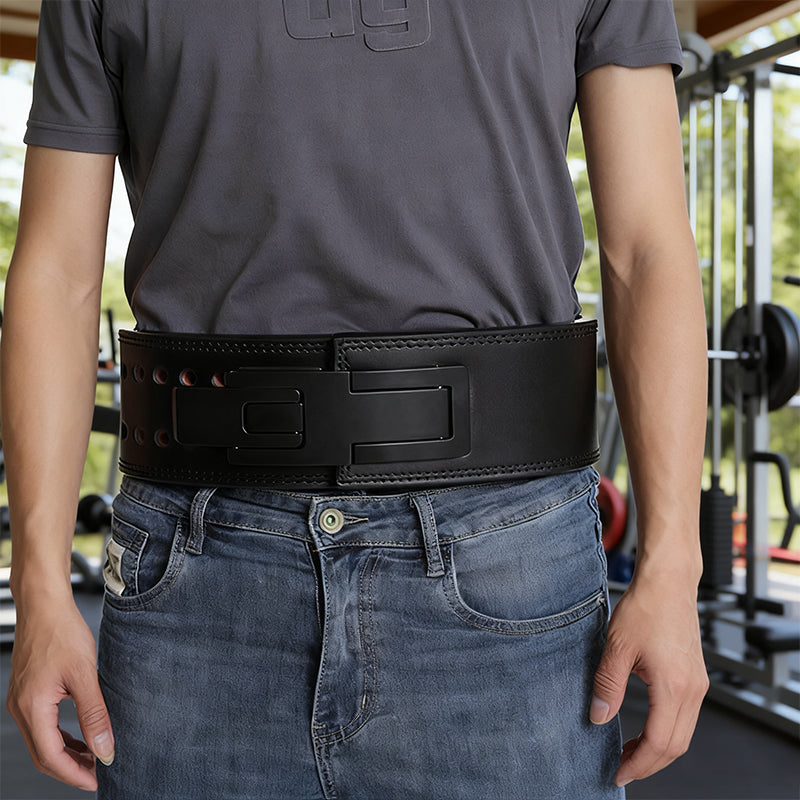 Heavy-Duty Leather Weightlifting Belt - Firm Back Support for Squats & Deadlifts.