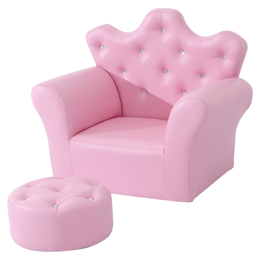 Children Kids Sofa Set Armchair Chair Seat With Free Footstool PU Leather For Girls 58L X 40.5W X 49H Cm Pink