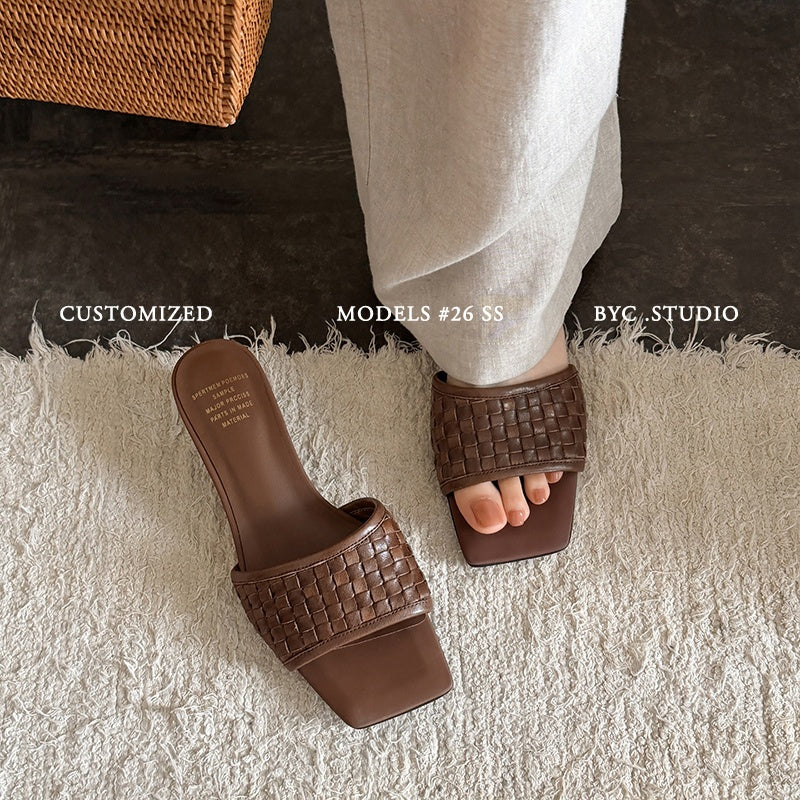 Women's Handmade Full - Grain Leather Woven Kitten Heel Slides, Square Toe Sheep