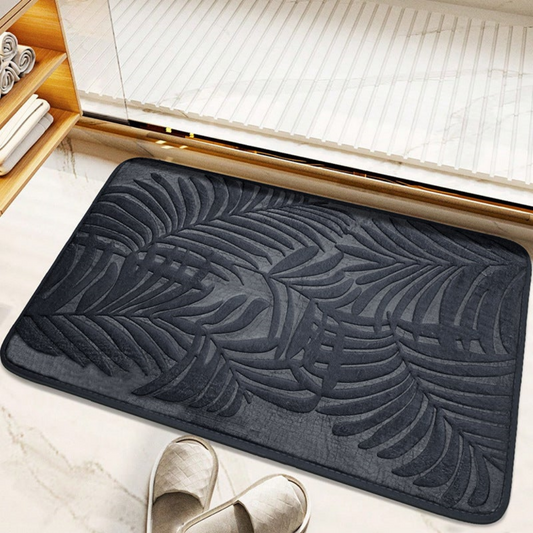 Non-slip Bath Mat 40 X 60 Cm, Thick And Absorbent, Memory Foam, Leaf Pattern - Dark Grey