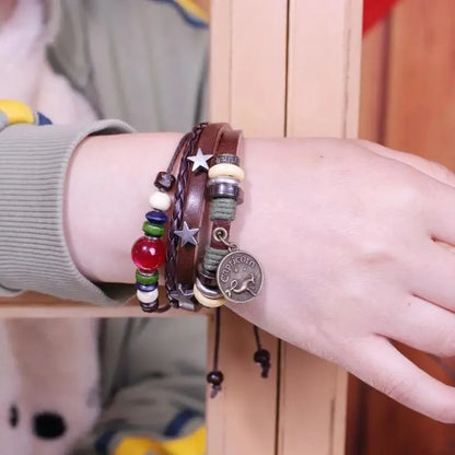 Bracelet Cuir Tressé Multi-rangs Perles Bois - Charm Zodiaque