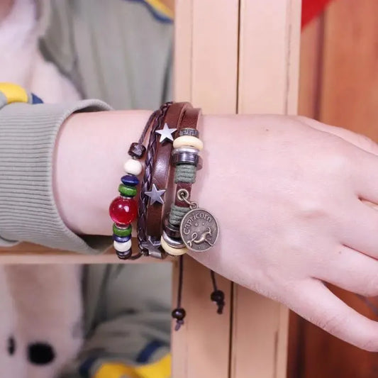 Bracelet Cuir Tressé Multi-rangs Perles Bois - Charm Zodiaque