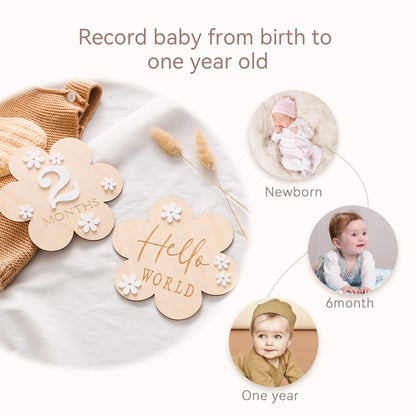 Cartes Étapes Bébé Fleur en Bois - Accessoires Photo Mensuels