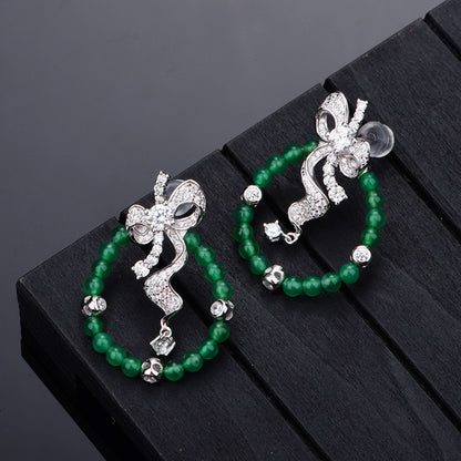 Boucles d'Oreilles Créoles Nœud Argent S925 - Chrysoprase Verte