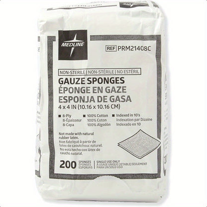 Medline 4x4 Inch Gauze Sponges, 100%, 8-Ply Woven Non-Sterile Gauze, Pack of 200 - Soft & Absorbent for Healthcare, Home, Kitchen, Bathroom & Car Use, Kitchen Cleaning Aid | Simple Packaging | Quality Medical Product