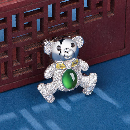 Broche Ours Pavée Argent S925 - Calcédoine Verte
