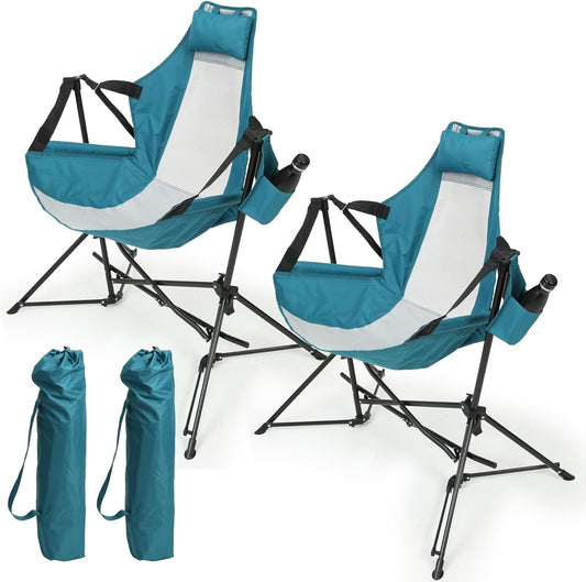Chaise hamac de camping pliante en aluminium avec coussin et porte-gobelet, bleu, lot de 2