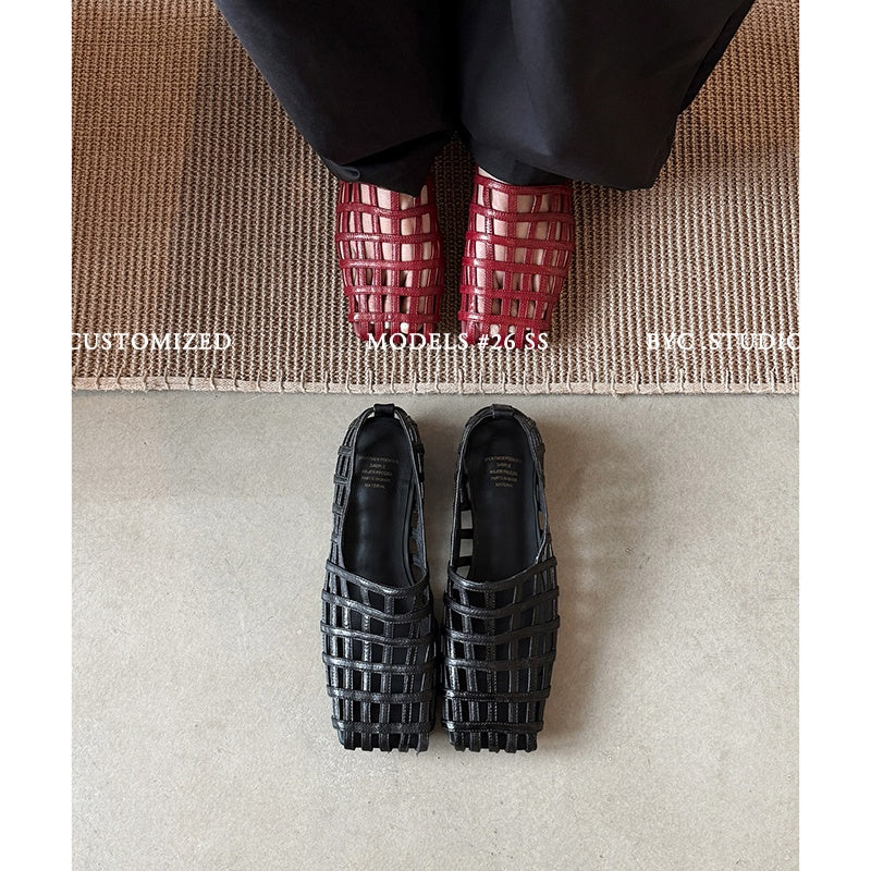 Women's Handmade Full - Grain Leather Woven Caged Flat Sandals, Square Toe Sheep