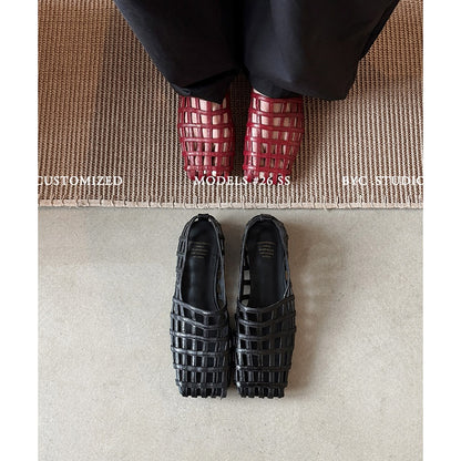 Women's Handmade Full - Grain Leather Woven Caged Flat Sandals, Square Toe Sheep