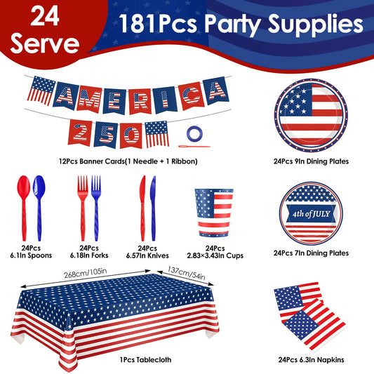 181Pcs 4th Of July 250th Anniversary Party Supplies Set Independence Day Red White Blue Disposable Tableware With Plates Cups Cutlery Napkins Banner Tablecloth Serves 24 For Memorial Day National Hol