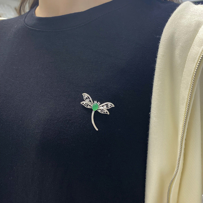 Broche Libellule Argent S925 - Chrysoprase Verte Cabochon