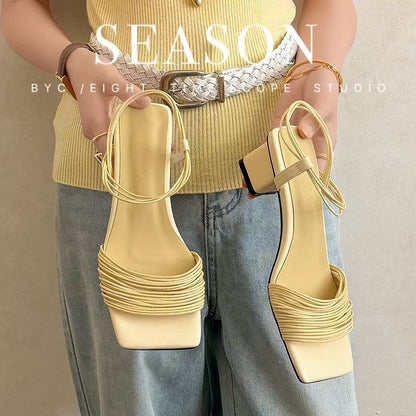 Women's Handmade Multi - Strap Leather Block Heel Sandals, Square - Toe Ankle Wr