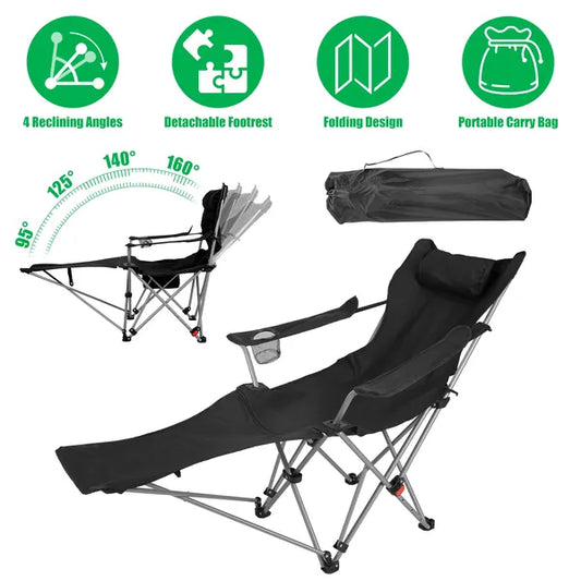Chaise de camping inclinable pliante avec repose-pieds, 4 positions réglables, porte-gobelet et poche latérale