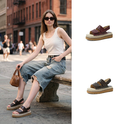Women's Handmade Full - Grain Sheepskin Espadrille Platform Sandals, Adjustable