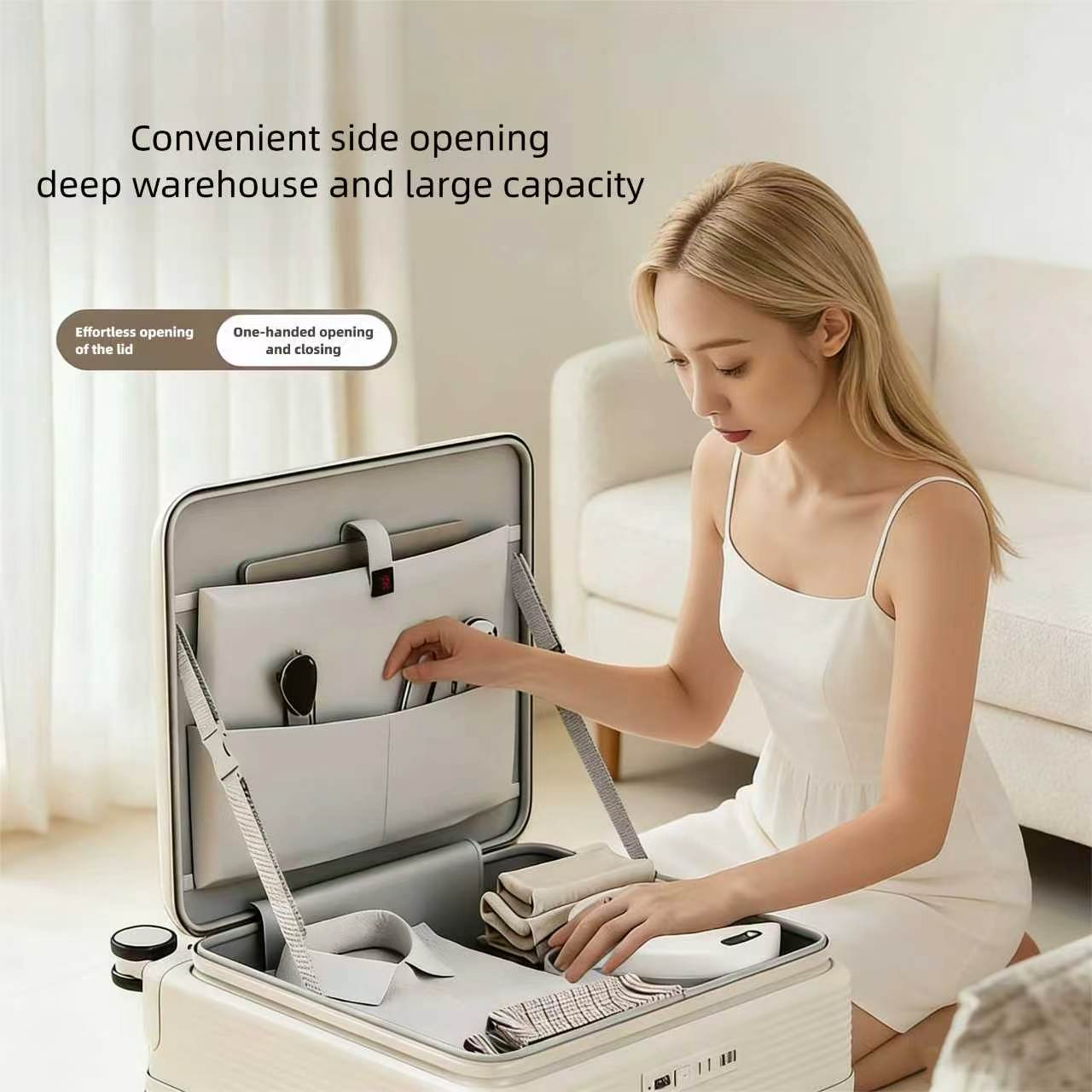 Valise cabine 20 pouces à ouverture latérale avec porte-gobelet, port USB et serrure à code, légère et robuste