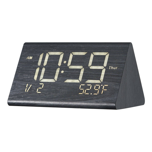 Digital Alarm Clock, Wooden Desk Clock With Dual Alarm, USB Port, Snooze, Night Light, Voice Control, Adjustable Volume, Bedside Desktop Clock With Charger For Bedroom, Kitchen, Office, Black