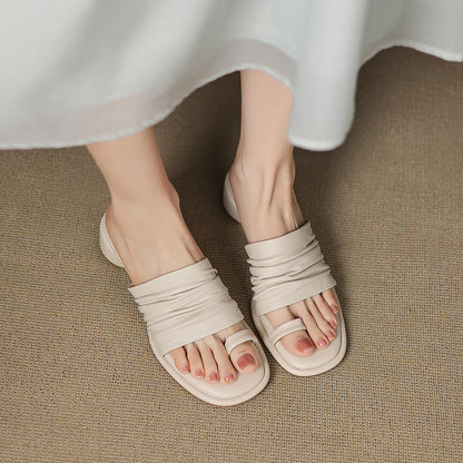 Women's Handmade Genuine Sheepskin Ruched Toe - Loop Block Heel Mules, Square