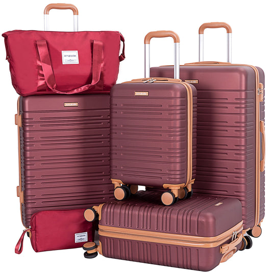 Ensemble de valises 6 pièces, coque rigide ABS avec serrure TSA, rouge bordeaux