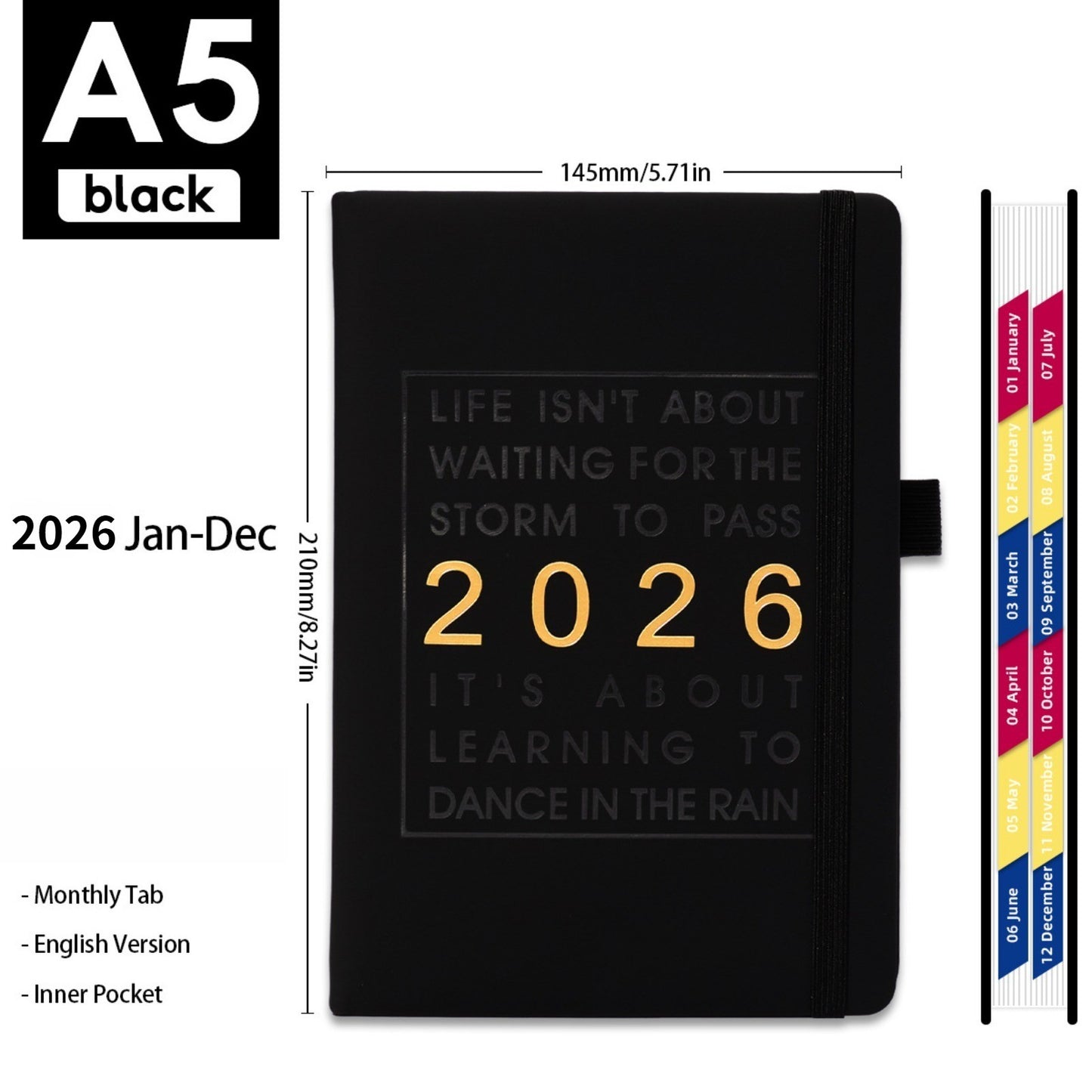 2026 A5 Diary Day To Planner Hard Cover Black 12 Month Calendar Book
