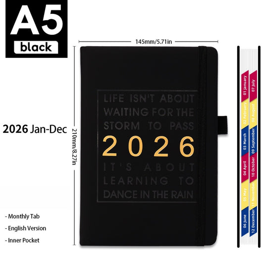 2026 A5 Diary Day To Planner Hard Cover Black 12 Month Calendar Book