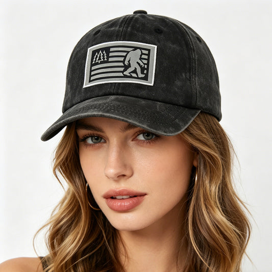 Bigfoot Sasquatch American Flag Baseball Cap - Vintage Washed Cotton Hat For Men & Women, Adjustable Low Profile Outdoor Trucker Hat