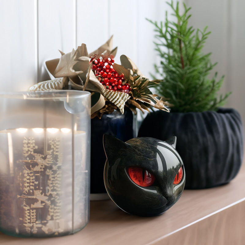 Black cat stone statue (resin head, marble texture): healing stone, souvenir, gift, home/office desk decor.