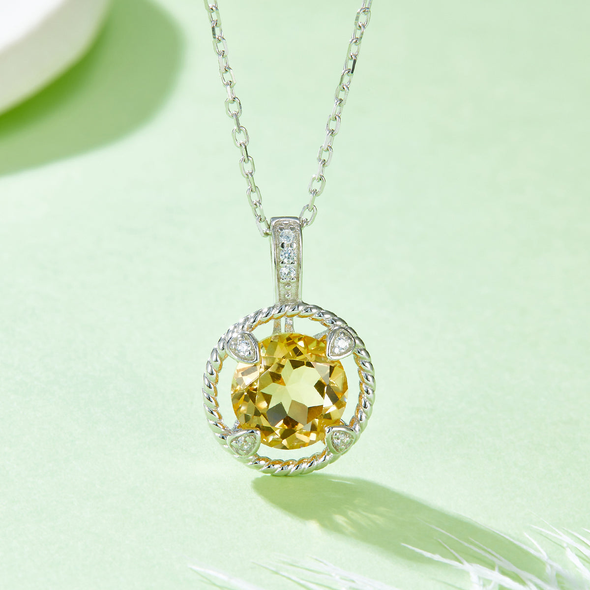 Collier Argent S925 Pendentif Citrine Naturelle 8mm