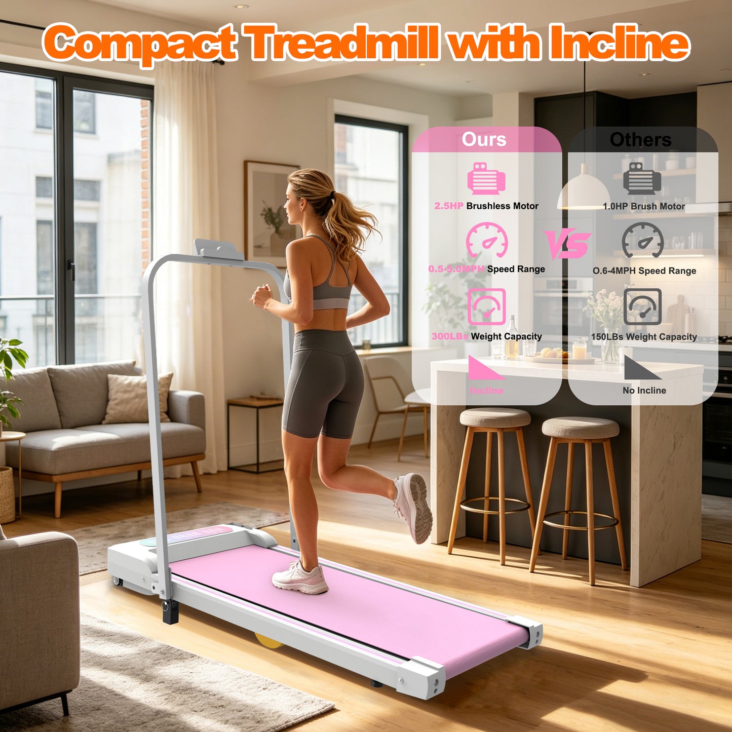 Under Desk Treadmill With Incline, Walking Pad, 2 In 1 Portable Treadmill With H