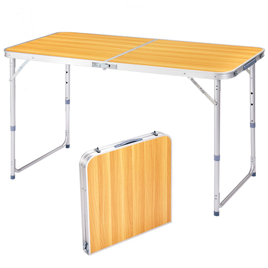Table de camping pliante en aluminium 120 x 60 cm, hauteur réglable, aspect bois