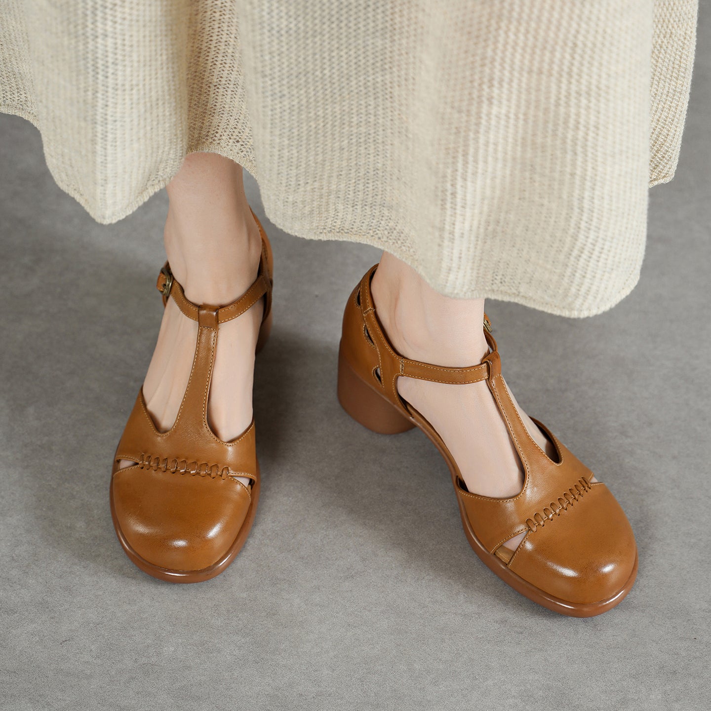 Women's Handmade Full - Grain Leather T - Strap Mary Jane Sandals, Premium Block