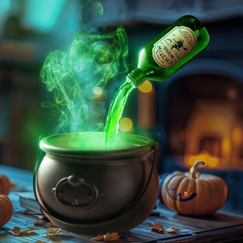 Halloween Spooky Witch Decor: Witch Cauldron, Floating Bottle Fog Machine & Skull LED Light – For Party & Home
