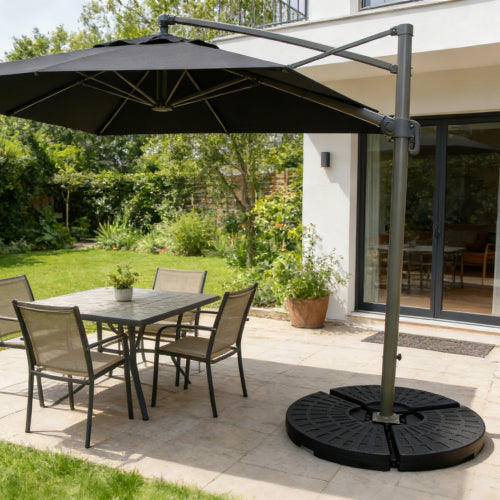Heavy-Duty Fan-Style Cantilever Umbrella Base, 4-Panel Refillable With Water-Sand -220 Lbs- Weatherproof HDPE With Metal Lock Hooks, Stackable & Portable, Black -For Backyard, Lawn, Pool