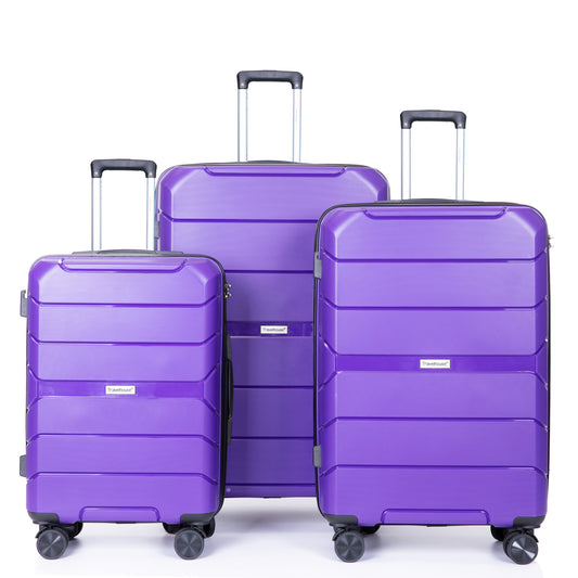 Ensemble de valises 3 pièces à coque rigide PP, légères et durables avec serrure TSA, 20/24/28, violet
