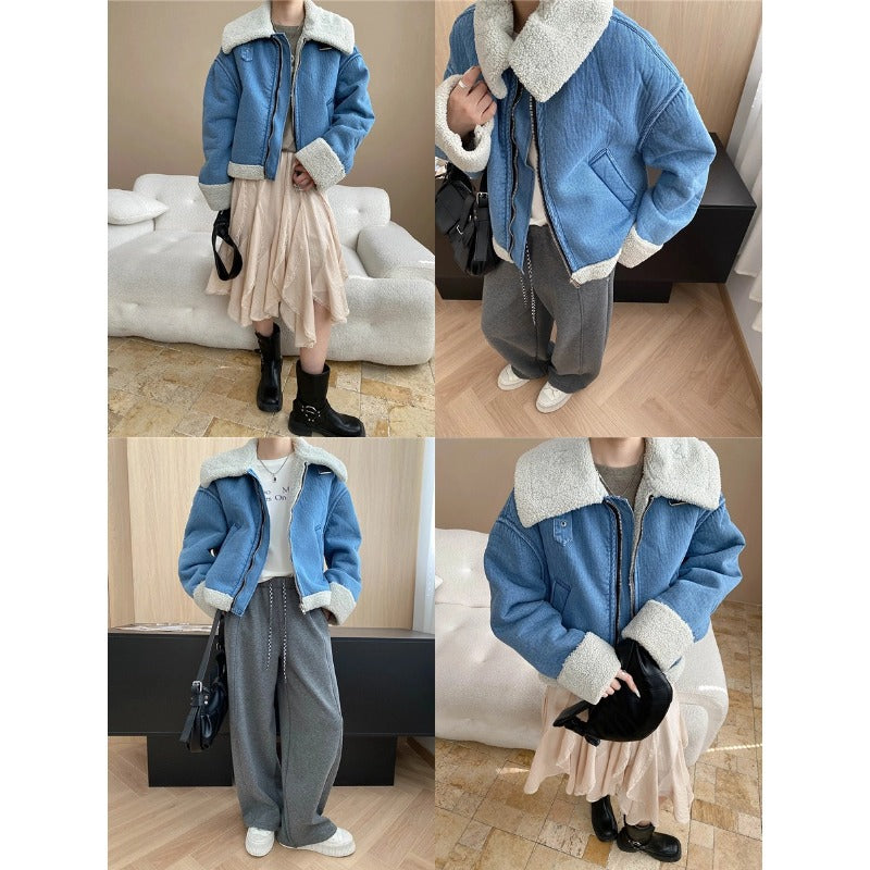 Street Style Warm Faux Shearling Fur-and-Leather Reversible Lapel Denim Jacket