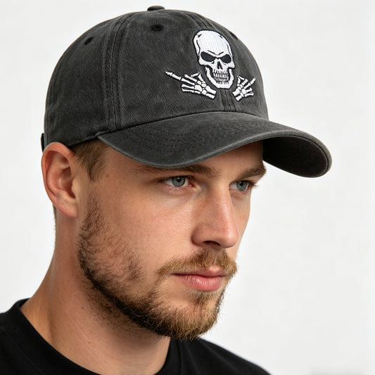 2pcs Washed Black Skull Baseball Cap, Skeleton Rock Hand Embroidered Hat, Adjustable Vintage Distressed Cotton Trucker Cap For Men Women