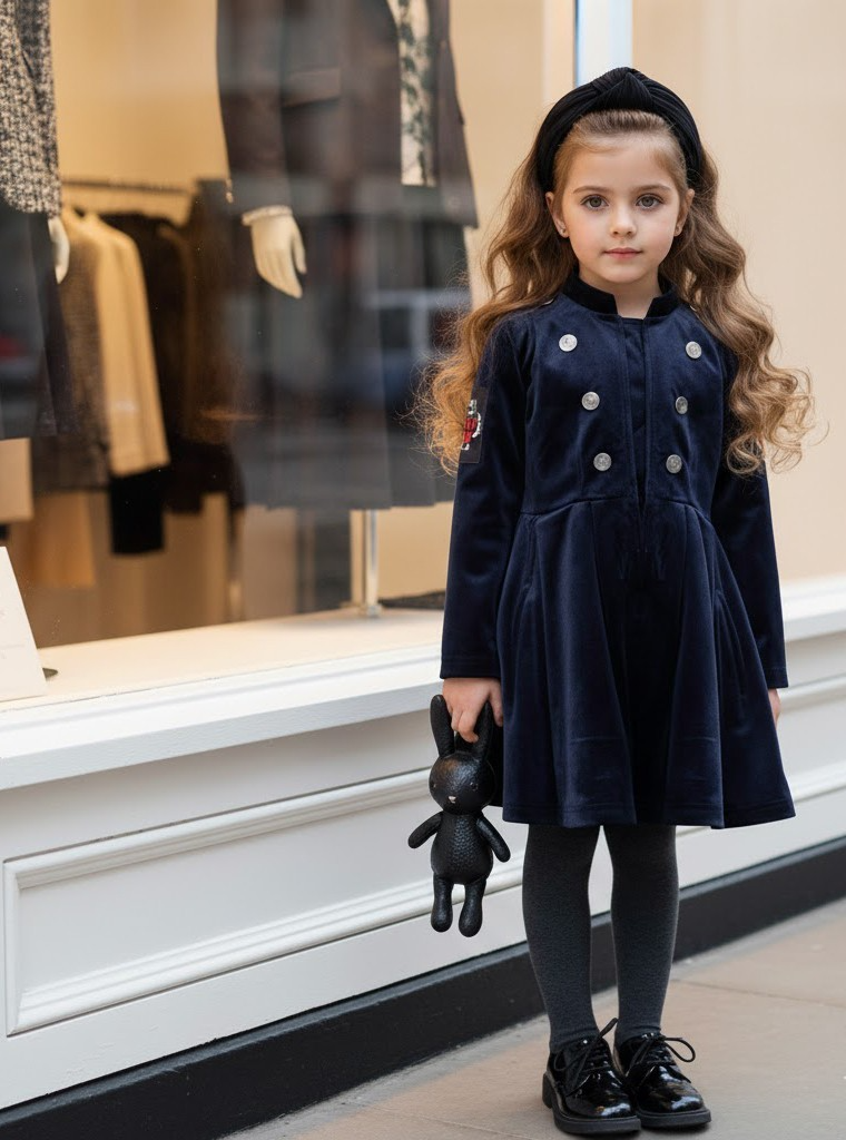 Girls New Vintage Navy Blue Velvet A-Line Dress Trench Coat Dress 3-4-5 Y
