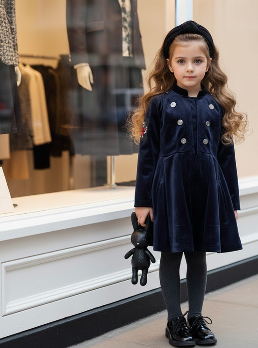 Girls New Vintage Navy Blue Velvet A-Line Dress Trench Coat Dress 3-4-5 Y