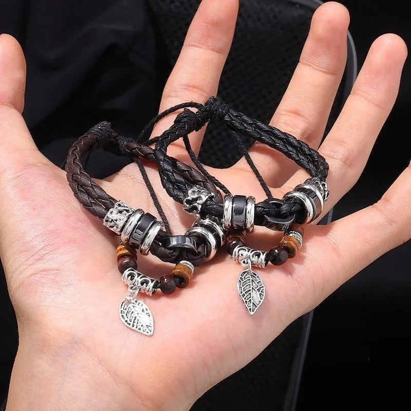 Bracelet Double Cuir Tressé Perles Bois Charm Feuille - Bohème